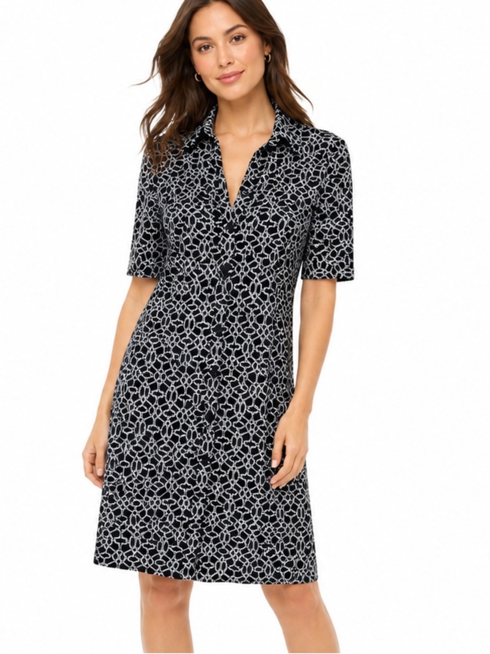 Laundry By Shelli Segal 8 Black White Geometric Shirt Dress front ruched office
